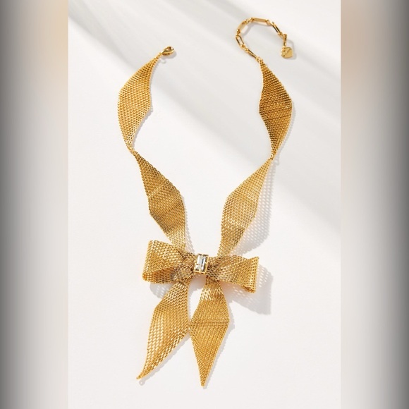 Anthropologie Jewelry - NWT Anthropologie Gold and Rhinestone Chainmail Bow Necklace